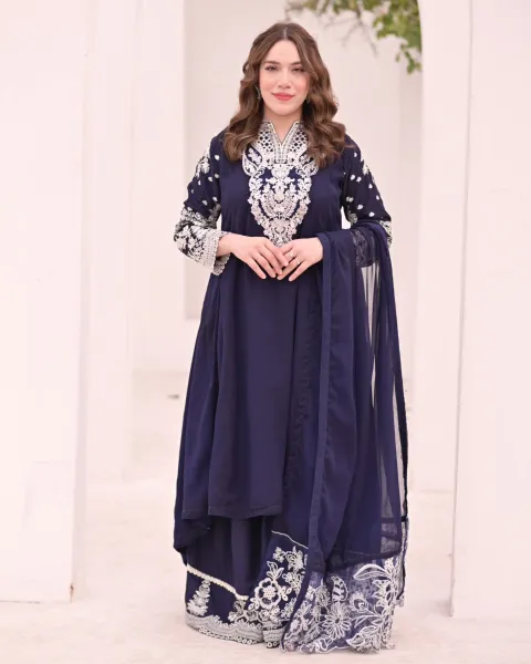 Pakistani Orginal Rangoon Chiffon Stitched 3 Pcs Sharara Pant _ Navy Blue 